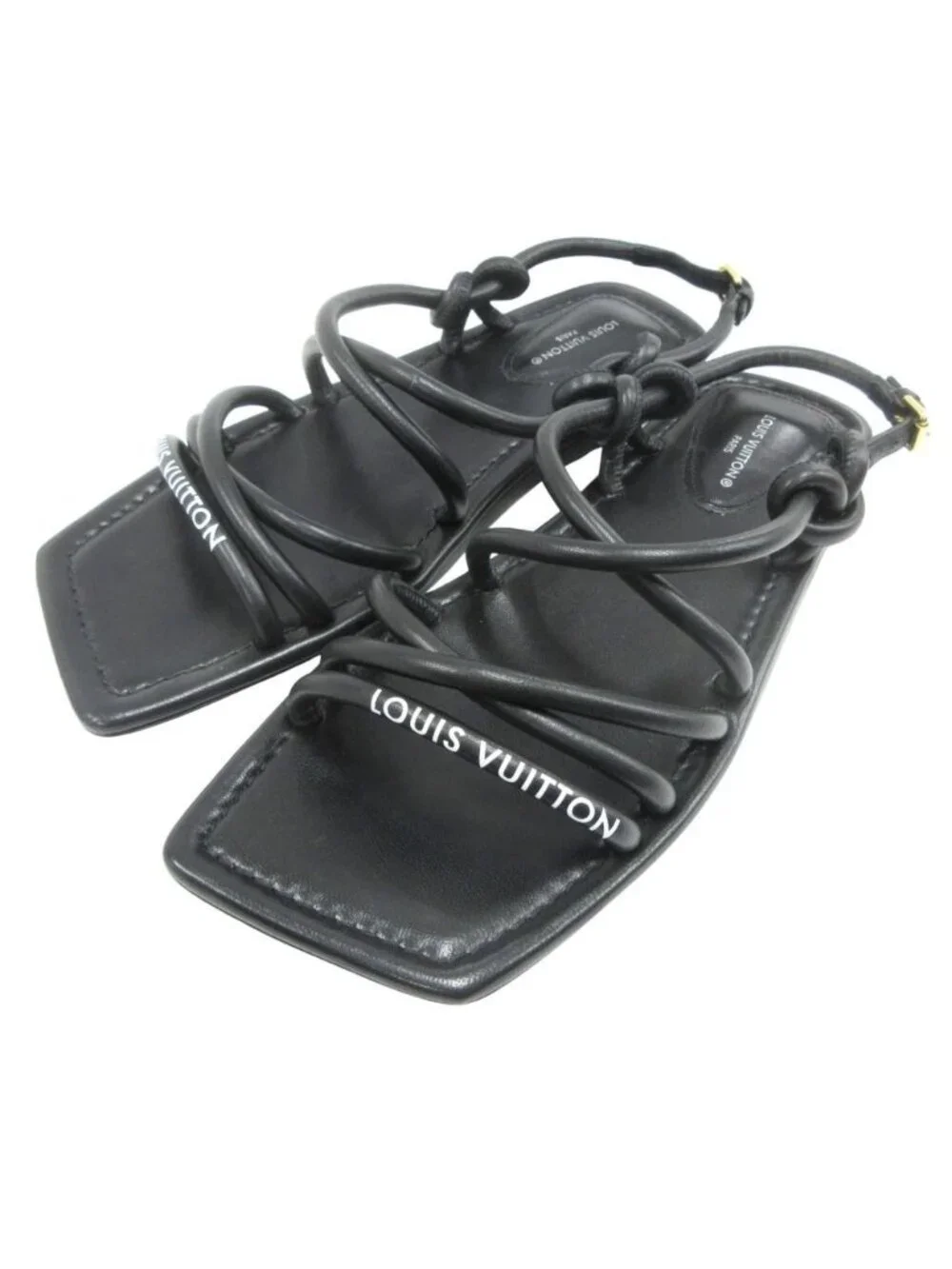 Louis Vuitton Logo Flat Strap Sandals Shoes Leather Gold 35.5 Black